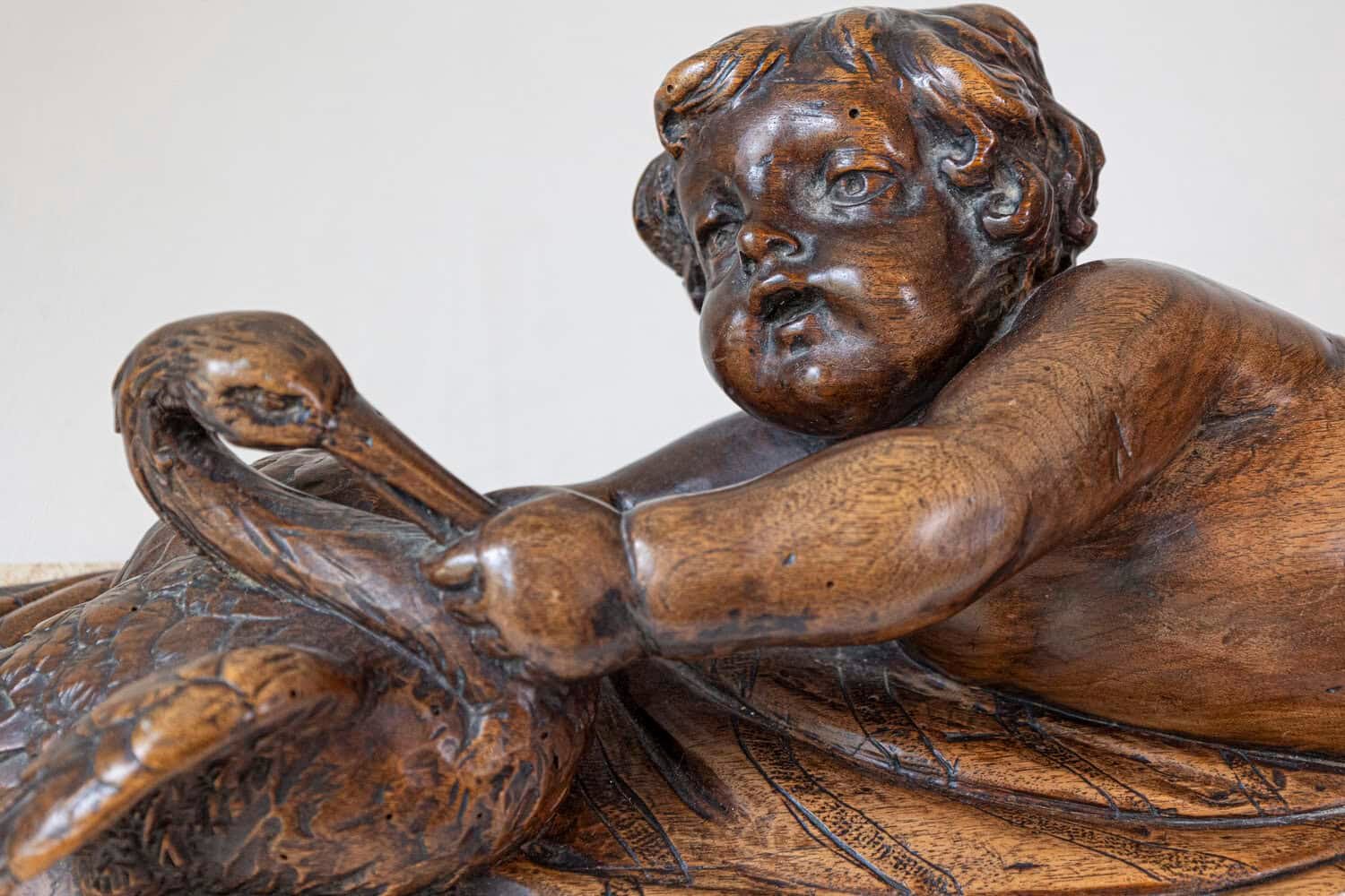 French 1880s Carved Walnut Putto Feeding a Swan Sculpted Group on Marble Base - JAA