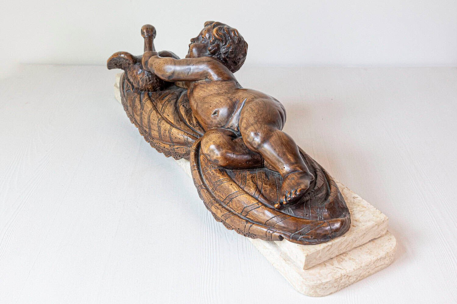 French 1880s Carved Walnut Putto Feeding a Swan Sculpted Group on Marble Base - JAA