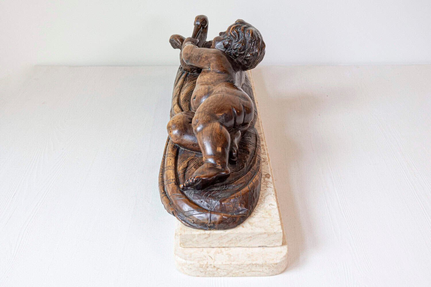 French 1880s Carved Walnut Putto Feeding a Swan Sculpted Group on Marble Base - JAA