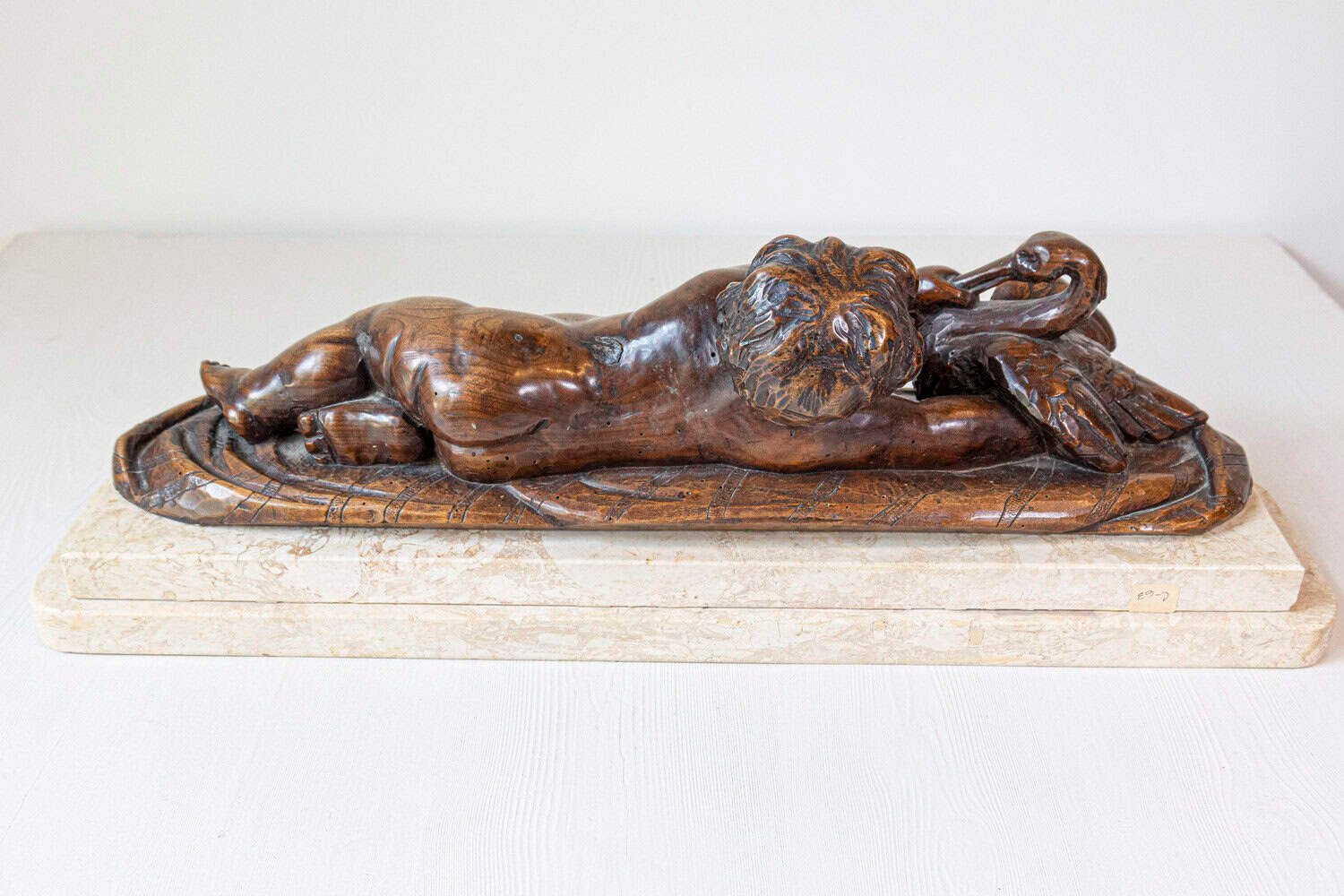 French 1880s Carved Walnut Putto Feeding a Swan Sculpted Group on Marble Base - JAA