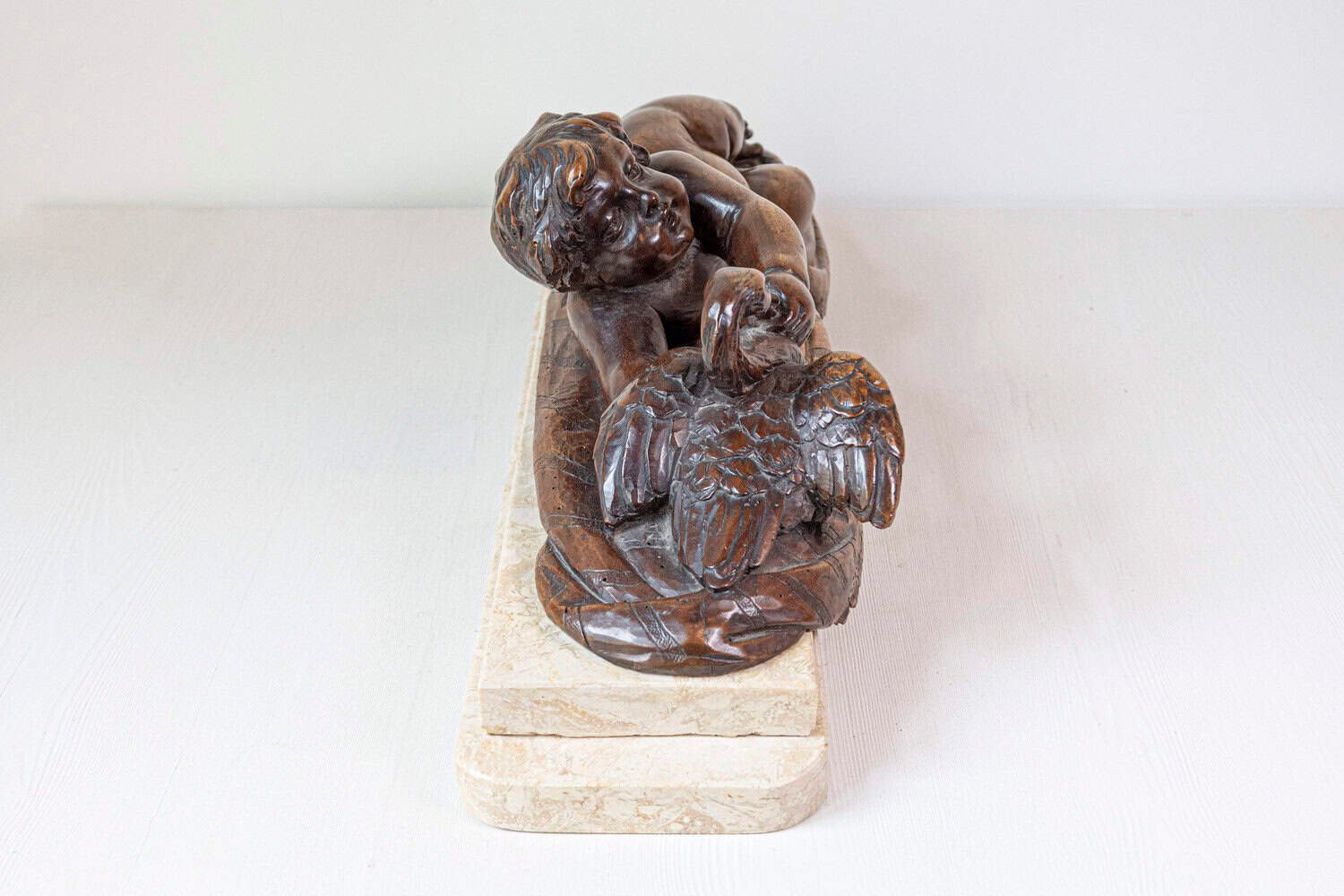 French 1880s Carved Walnut Putto Feeding a Swan Sculpted Group on Marble Base - JAA