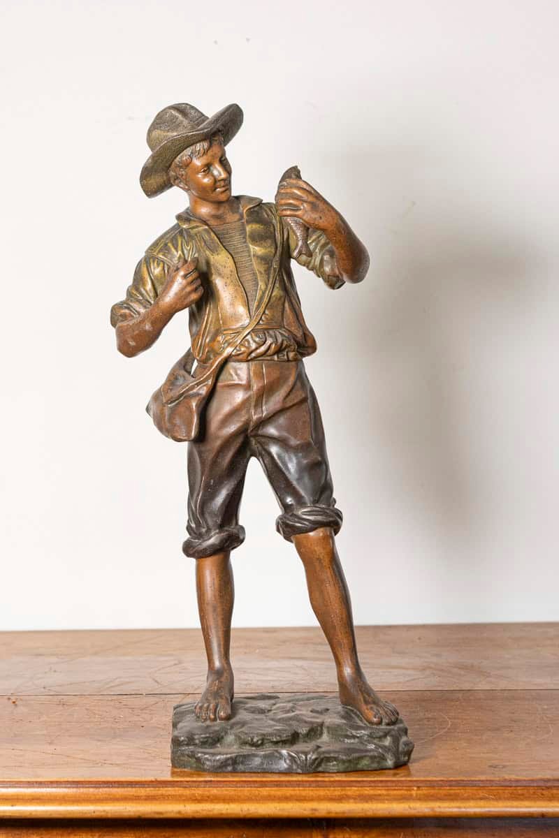 French 19th Century Patinated Bronze Sculpture of a Young Peasant Boy with Hat and Satchel - JAA
