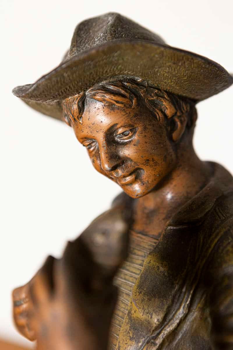 French 19th Century Patinated Bronze Sculpture of a Young Peasant Boy with Hat and Satchel - JAA