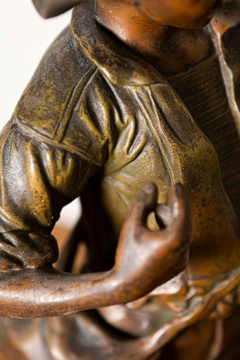 French 19th Century Patinated Bronze Sculpture of a Young Peasant Boy with Hat and Satchel - JAA