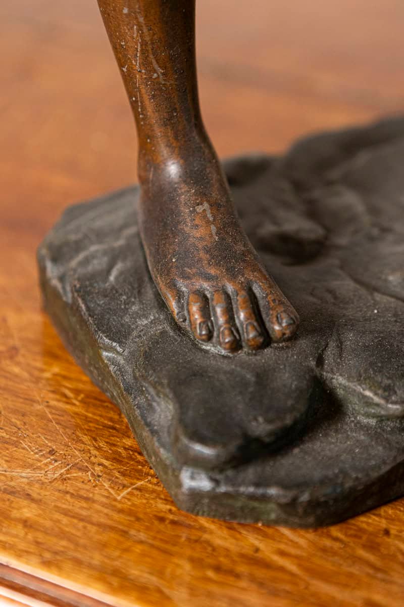 French 19th Century Patinated Bronze Sculpture of a Young Peasant Boy with Hat and Satchel - JAA