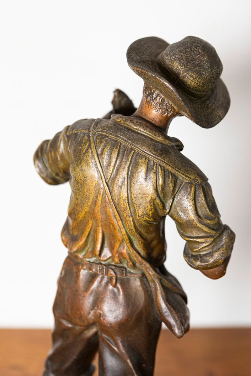 French 19th Century Patinated Bronze Sculpture of a Young Peasant Boy with Hat and Satchel - JAA
