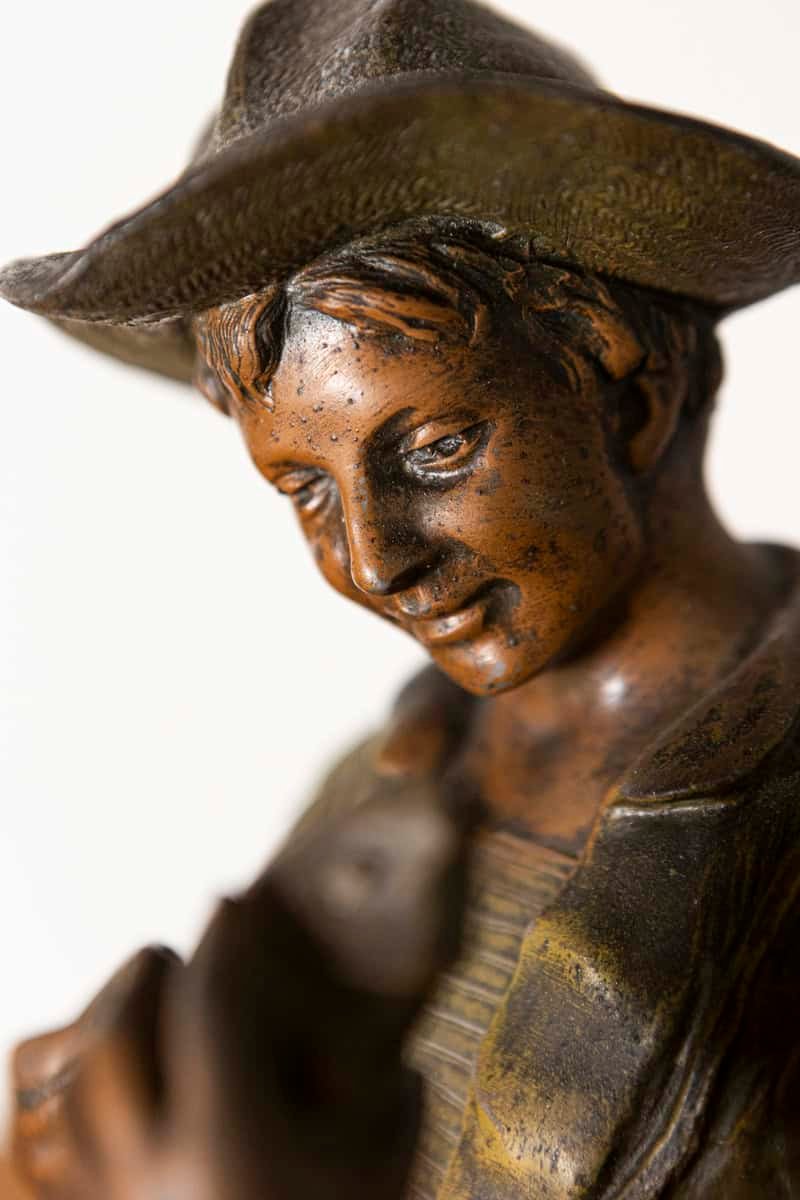 French 19th Century Patinated Bronze Sculpture of a Young Peasant Boy with Hat and Satchel - JAA