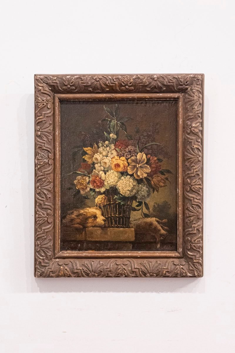 French 19th Century Framed Still-life Floral Painting with Dog and Rabbit Motifs - JAA