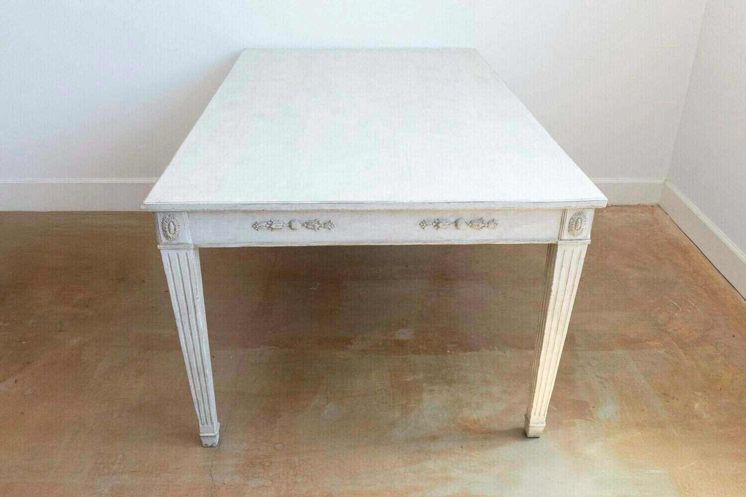 Swedish 1900 Gustavian Style Dining Table with Carved Apron and Fluted Legs - JAA