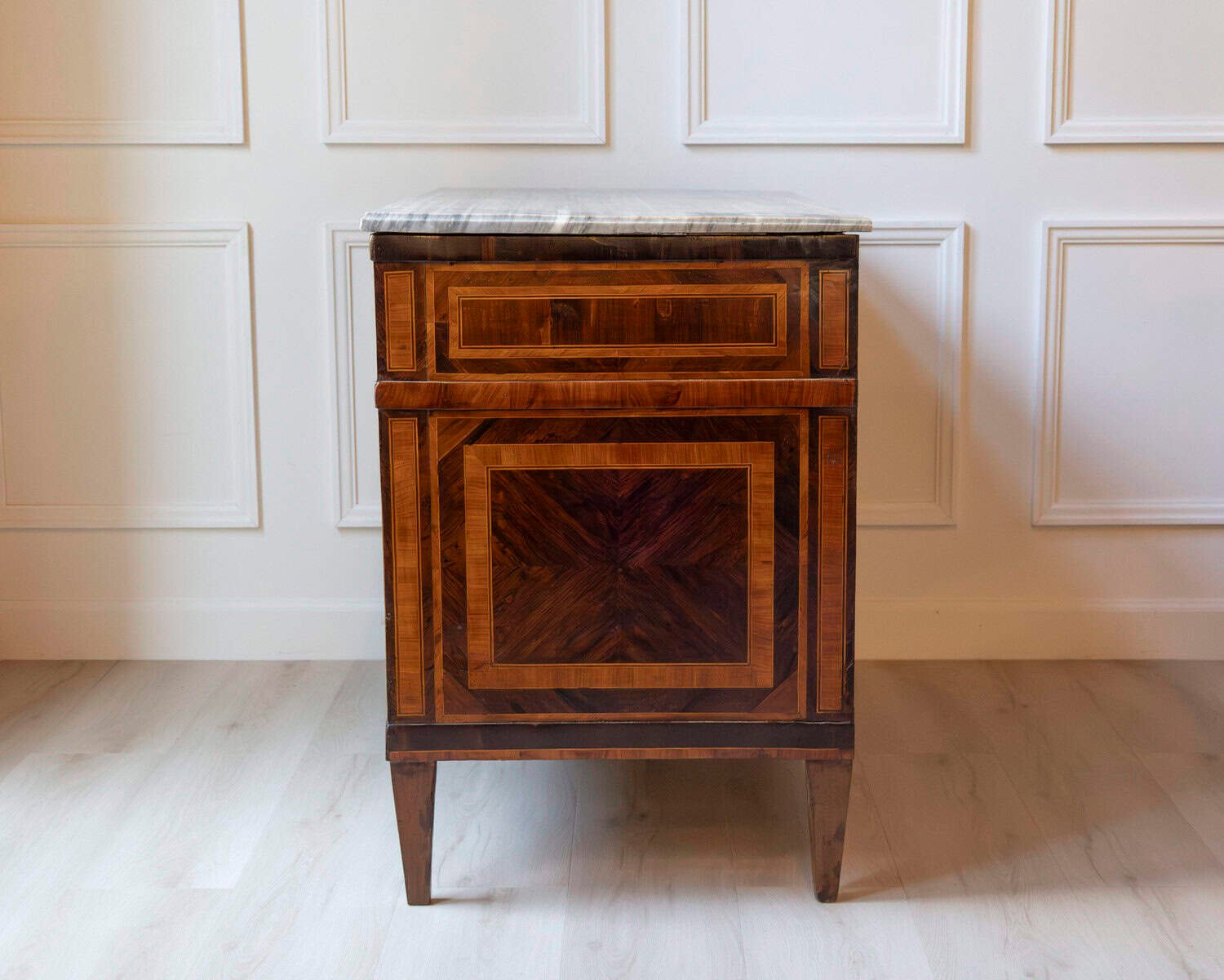 Italian Louis XVI Marquetry Chest of Drawers with Gray Marble Top, 18th Century - JAA