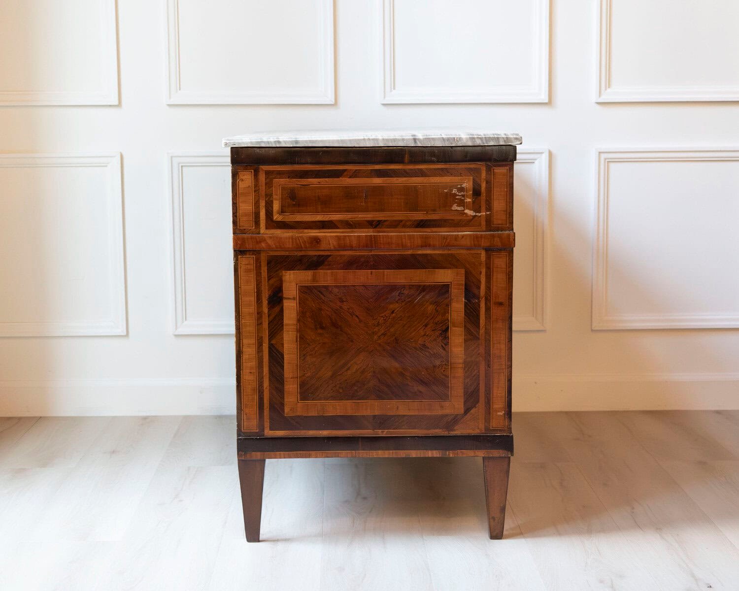 Italian Louis XVI Marquetry Chest of Drawers with Gray Marble Top, 18th Century - JAA