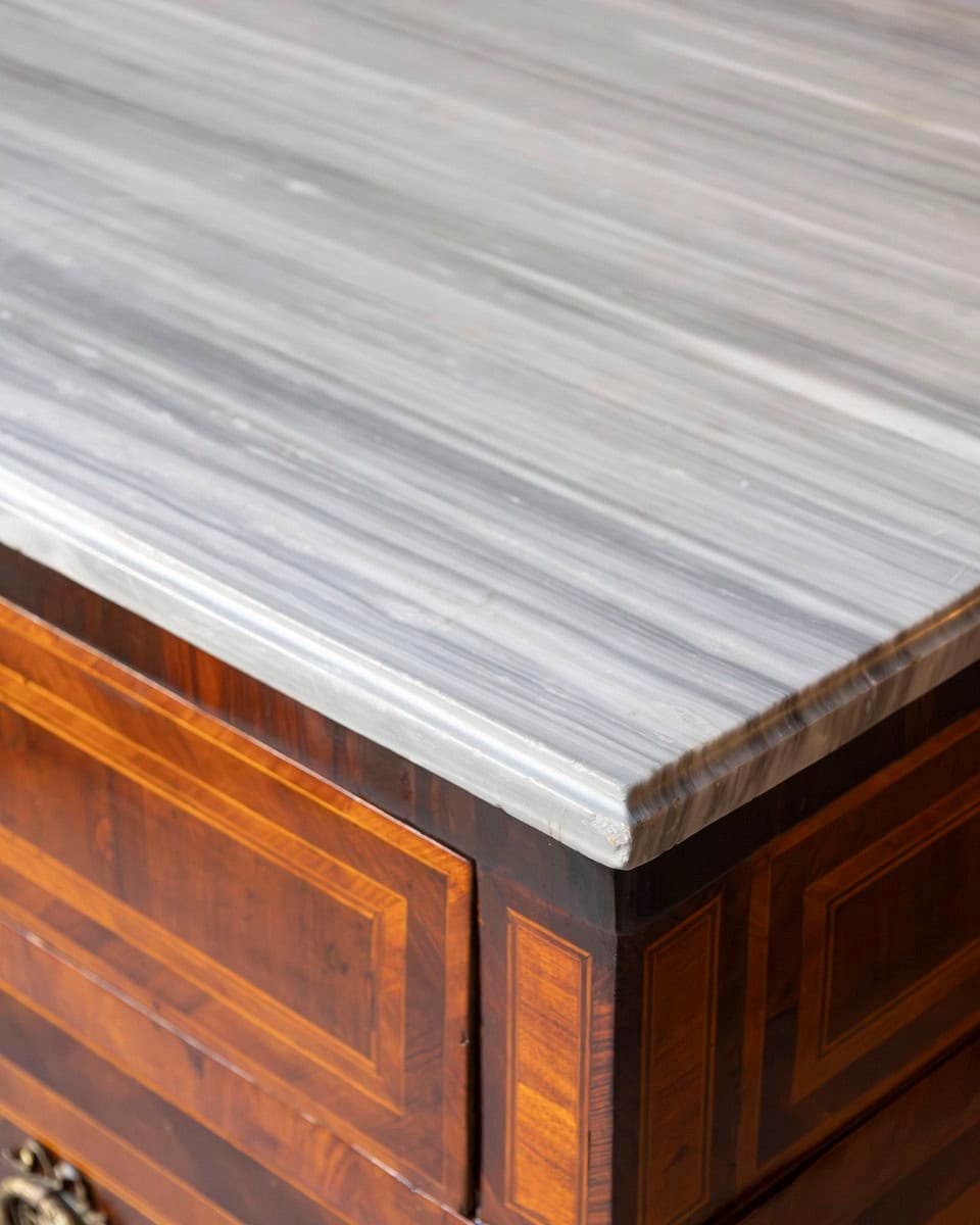 Italian Louis XVI Marquetry Chest of Drawers with Gray Marble Top, 18th Century - JAA