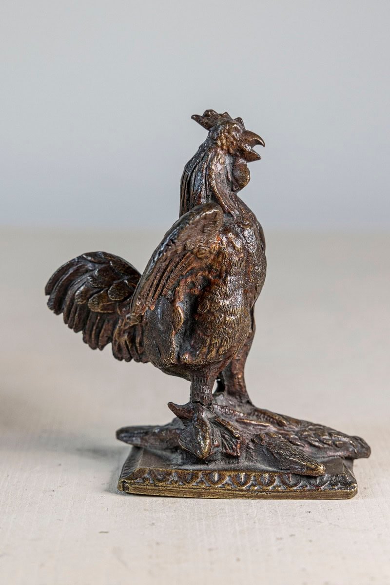 French 19th Century Cast Bronze Rooster Sculpture with Wings Extended on Rais-de-Cœur Base - JAA