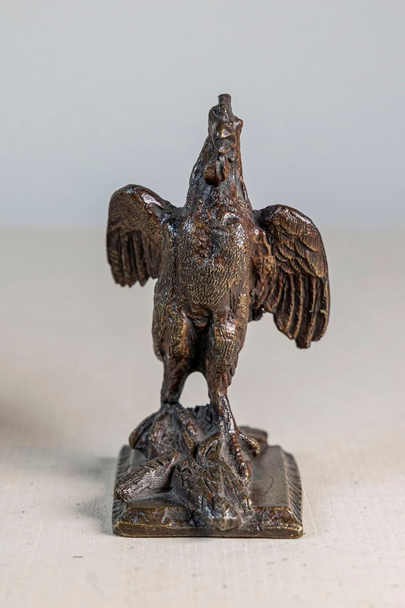 French 19th Century Cast Bronze Rooster Sculpture with Wings Extended on Rais-de-Cœur Base - JAA
