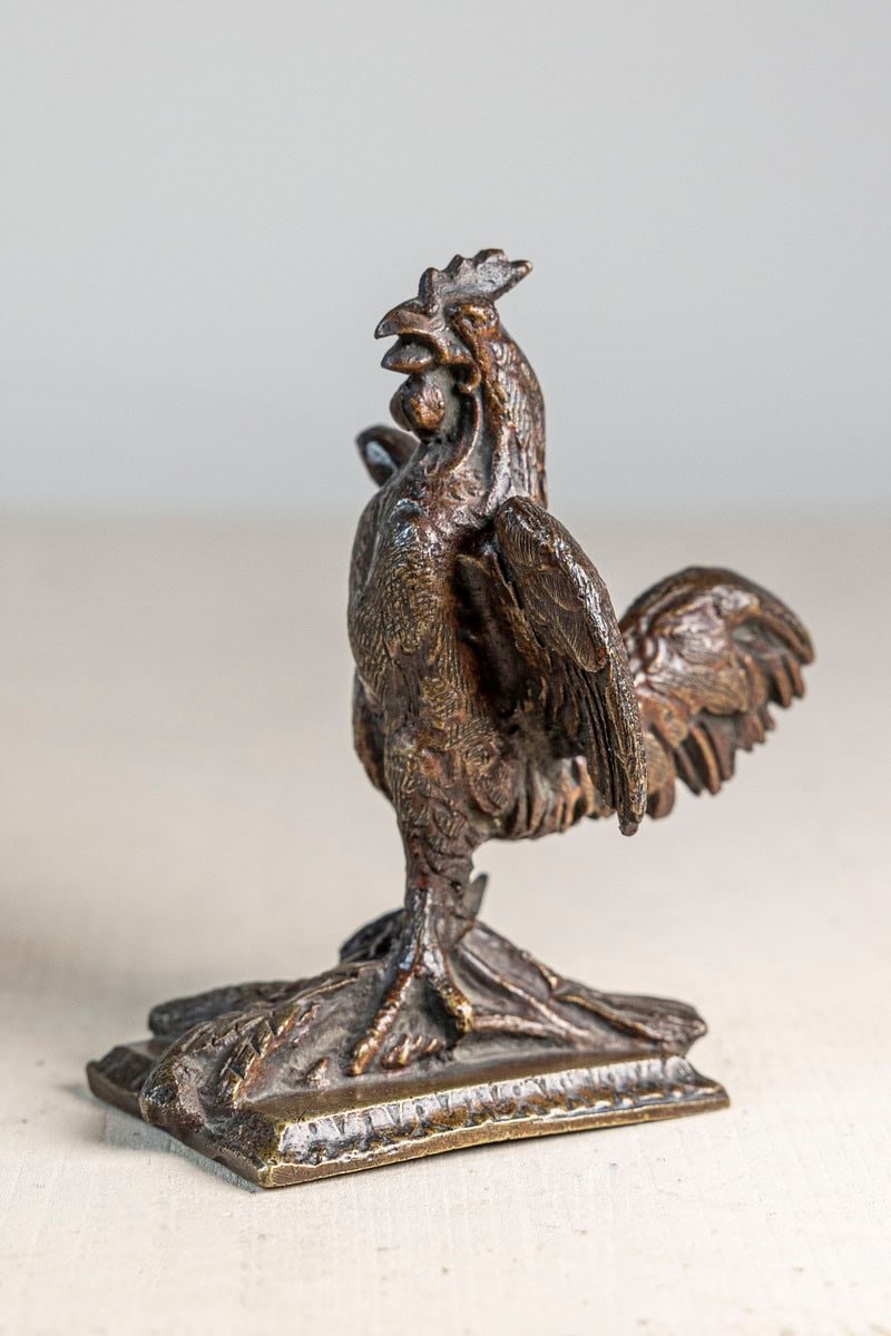 French 19th Century Cast Bronze Rooster Sculpture with Wings Extended on Rais-de-Cœur Base - JAA