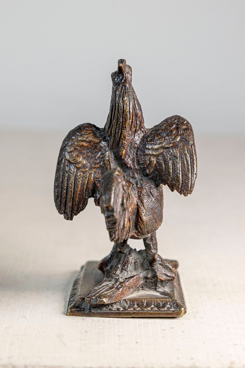 French 19th Century Cast Bronze Rooster Sculpture with Wings Extended on Rais-de-Cœur Base - JAA