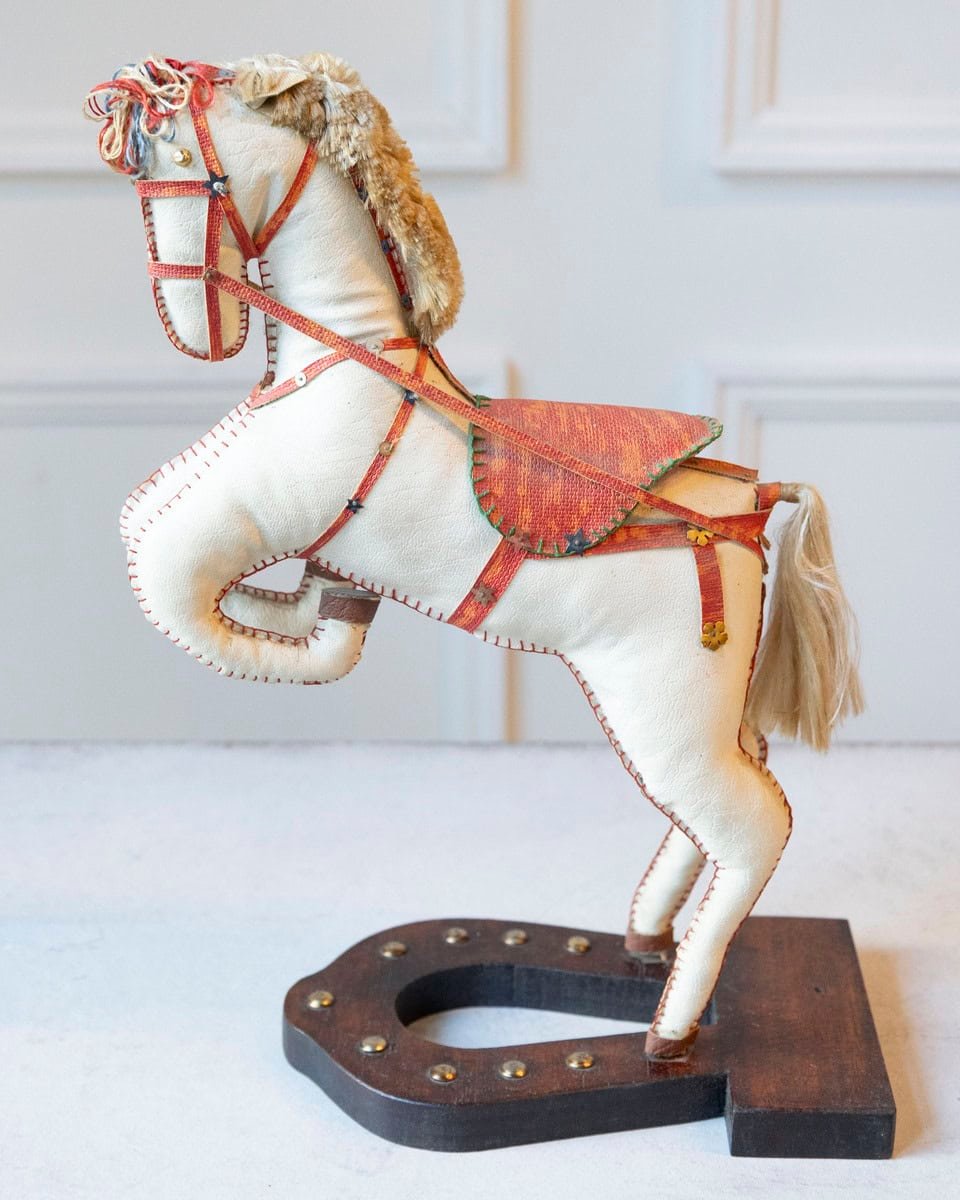 French 20th Century Decorative Moleskin Horse Sculpture with Ornate Polychrome Saddle in Rearing Pose - JAA