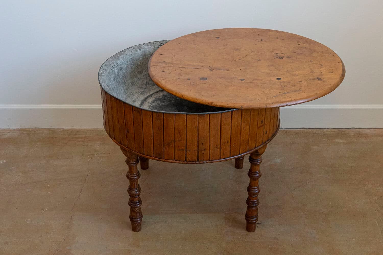 19th Century English Pine and Faux Bamboo Drum Table with Inner Metal Basin - JAA