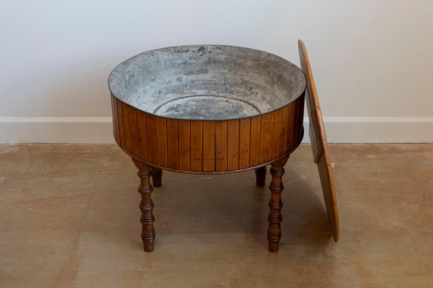 19th Century English Pine and Faux Bamboo Drum Table with Inner Metal Basin - JAA