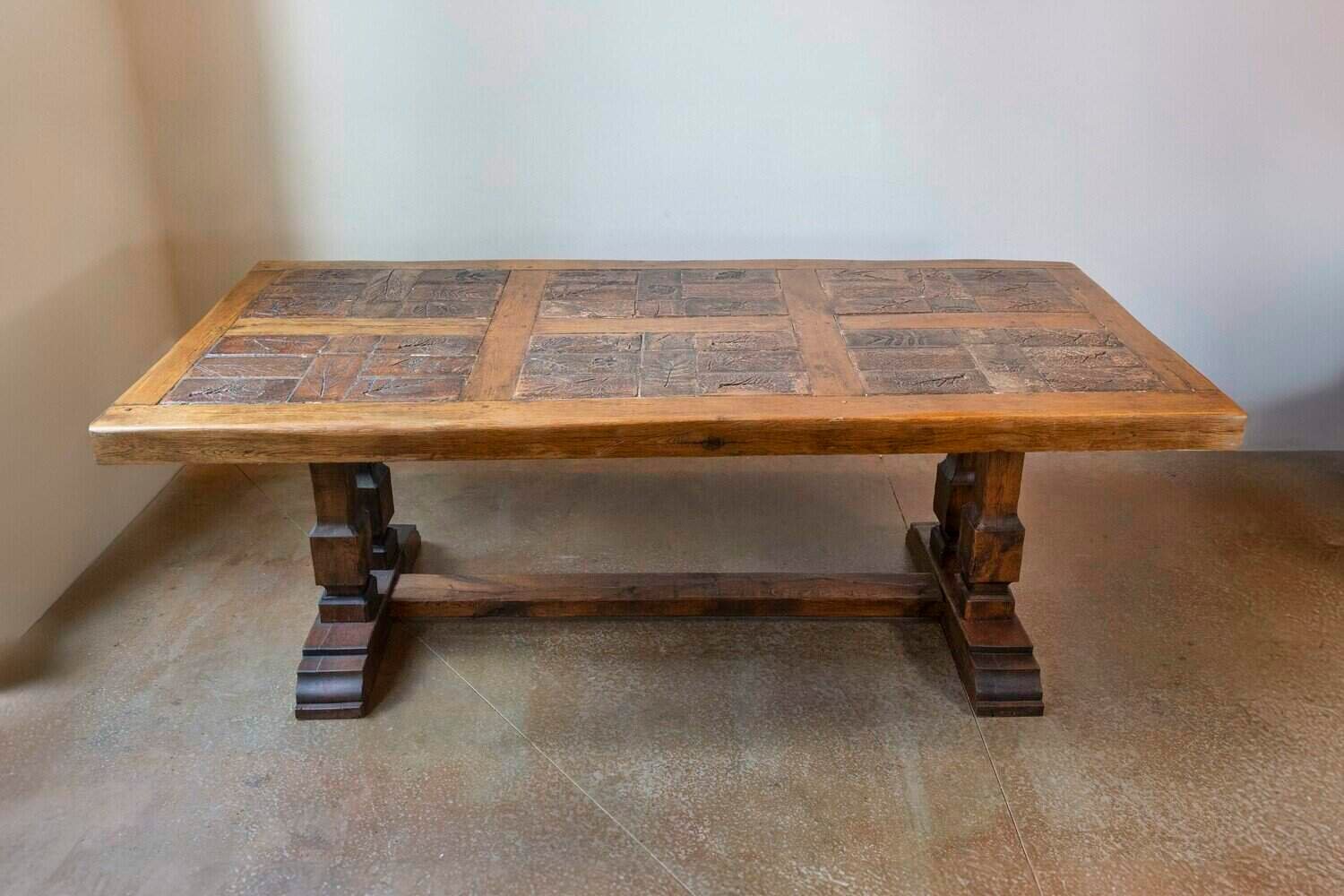 Southern French Brutalist Oak Dining Trestle Table with Terracotta Inset Top - JAA