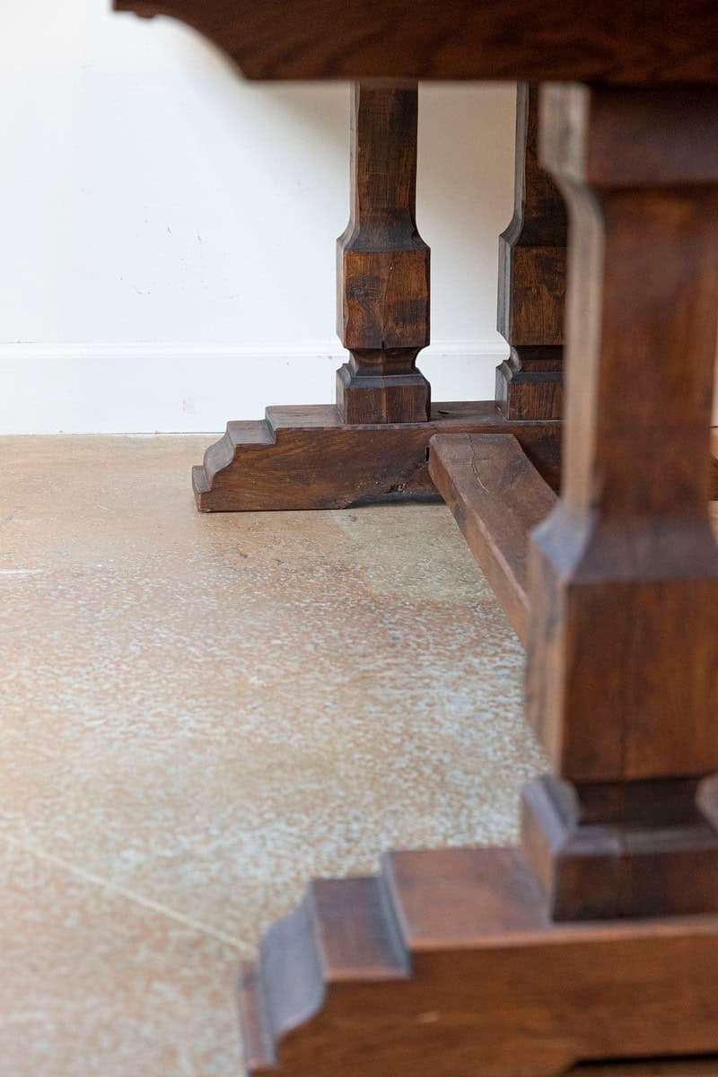 Southern French Brutalist Oak Dining Trestle Table with Terracotta Inset Top - JAA