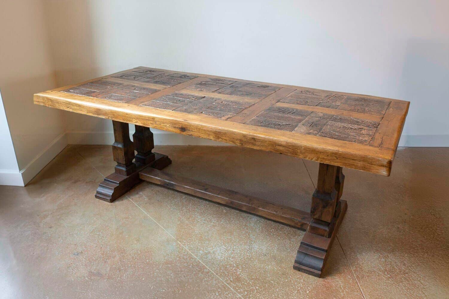 Southern French Brutalist Oak Dining Trestle Table with Terracotta Inset Top - JAA