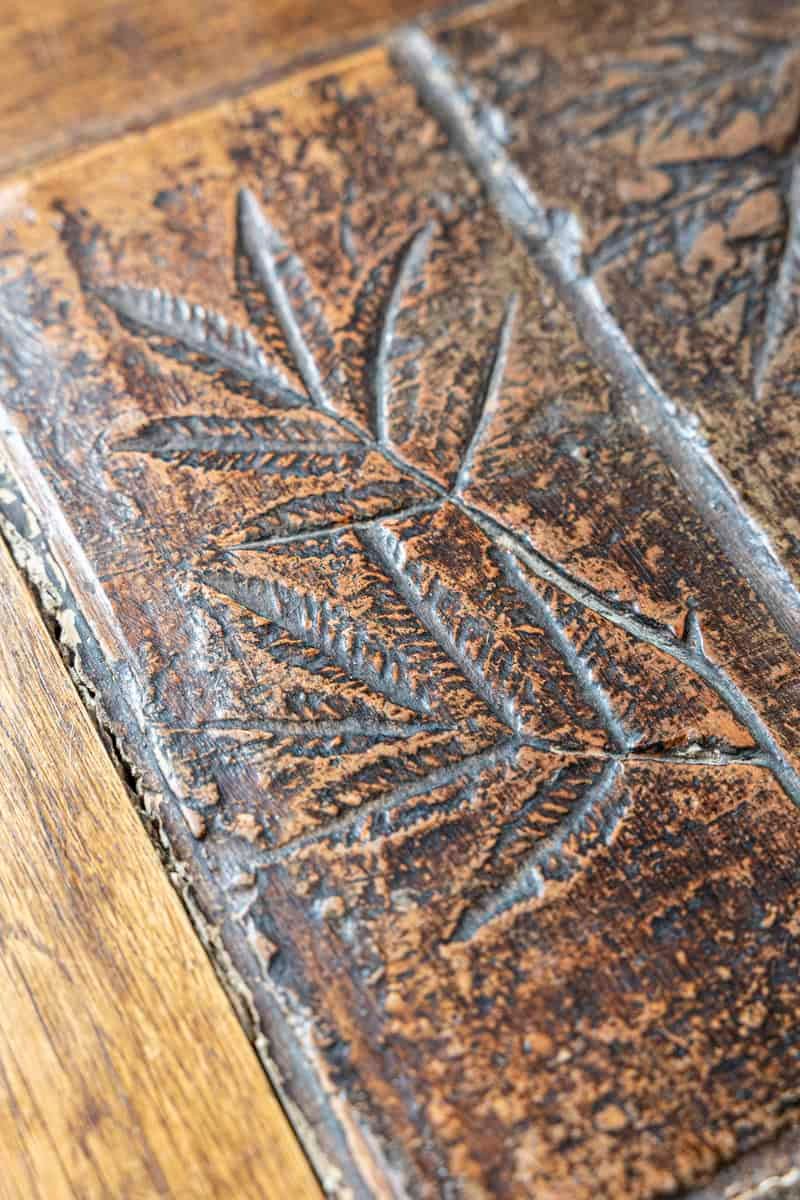 Southern French Brutalist Oak Dining Trestle Table with Terracotta Inset Top - JAA