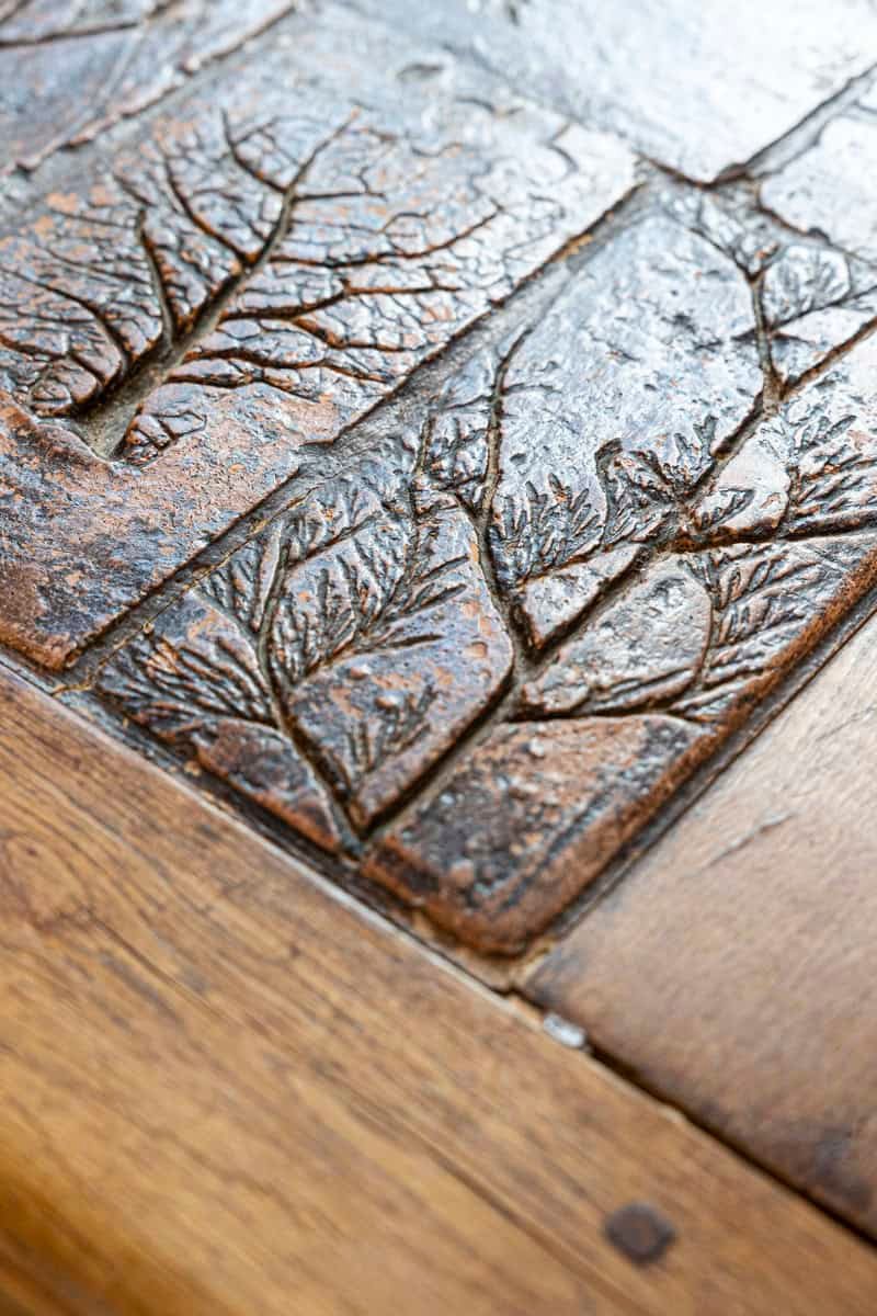 Southern French Brutalist Oak Dining Trestle Table with Terracotta Inset Top - JAA