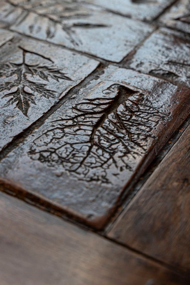 Southern French Brutalist Oak Dining Trestle Table with Terracotta Inset Top - JAA