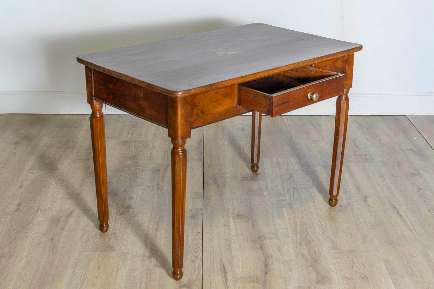 Italian 1890s Walnut Side Table with Elm Marquetry Star, Drawer and Turned Legs - JAA