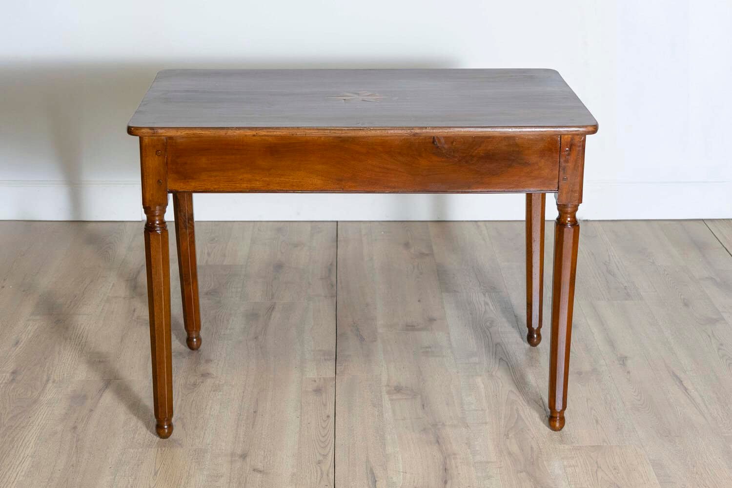 Italian 1890s Walnut Side Table with Elm Marquetry Star, Drawer and Turned Legs - JAA