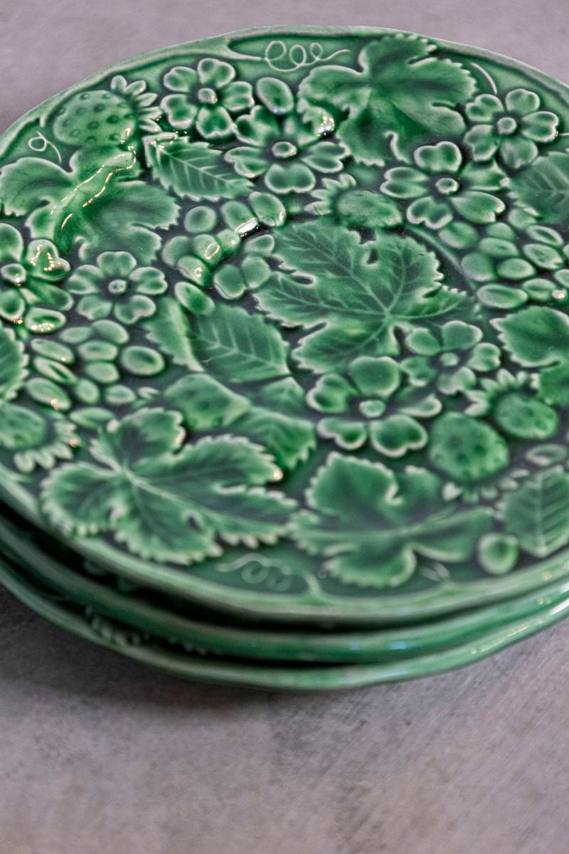 French 20th Century Green Glazed Porcelain Set of Nine with Eight Plates and Compote - JAA