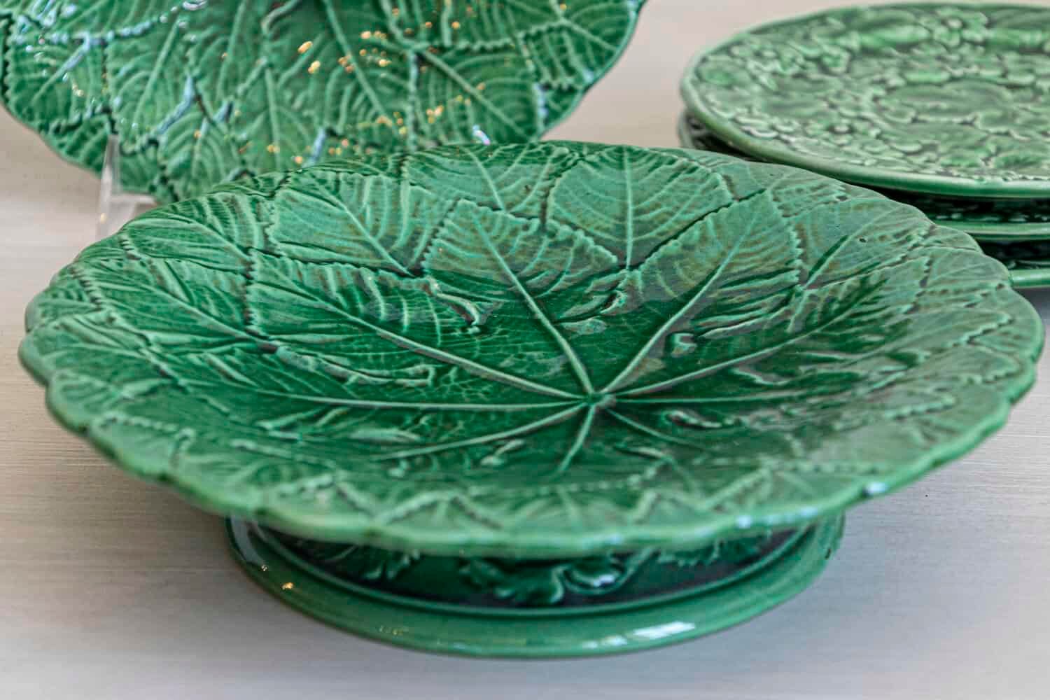 French 20th Century Green Glazed Porcelain Set of Nine with Eight Plates and Compote - JAA