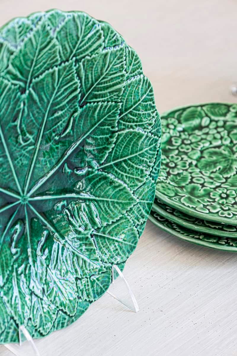 French 20th Century Green Glazed Porcelain Set of Nine with Eight Plates and Compote - JAA