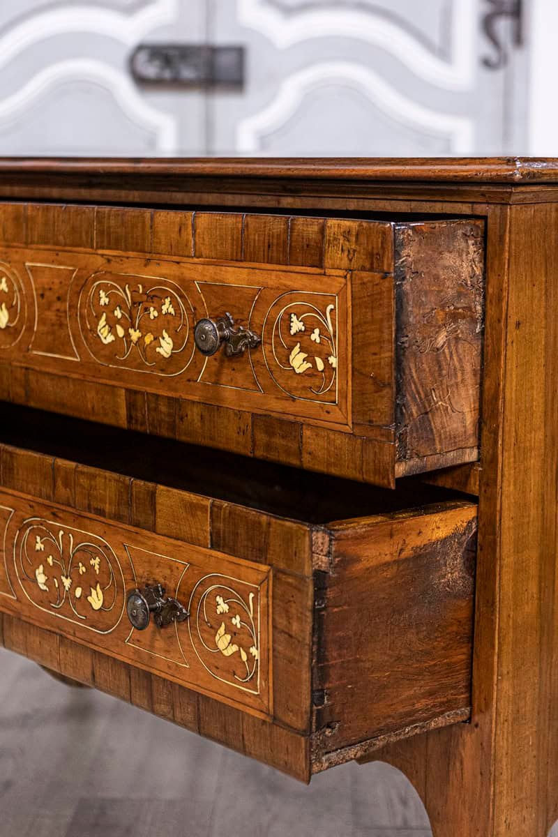 Italian 18th Century Walnut, Mahogany and Ash Two-Drawer Commode with Marquetry - JAA