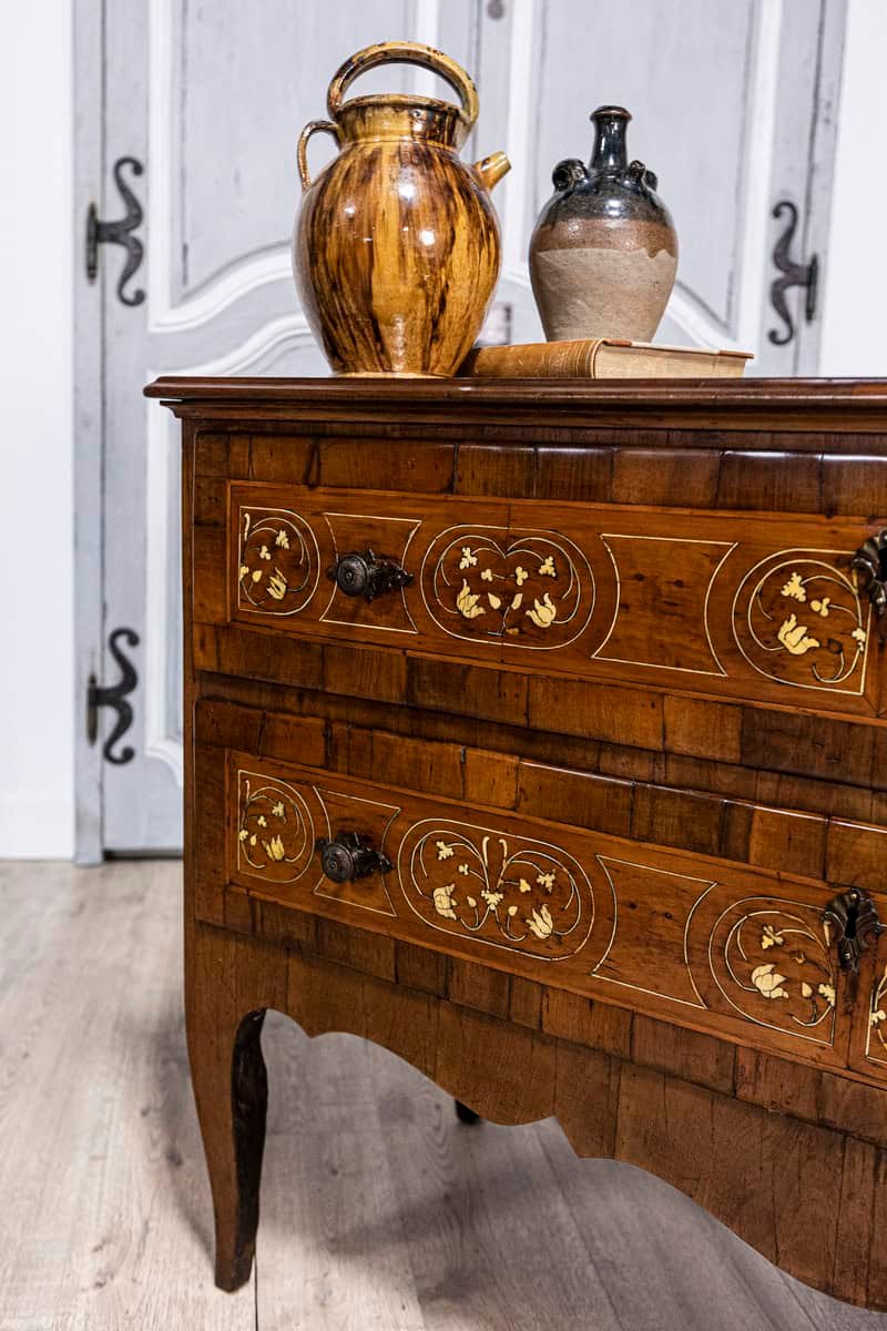 Italian 18th Century Walnut, Mahogany and Ash Two-Drawer Commode with Marquetry - JAA