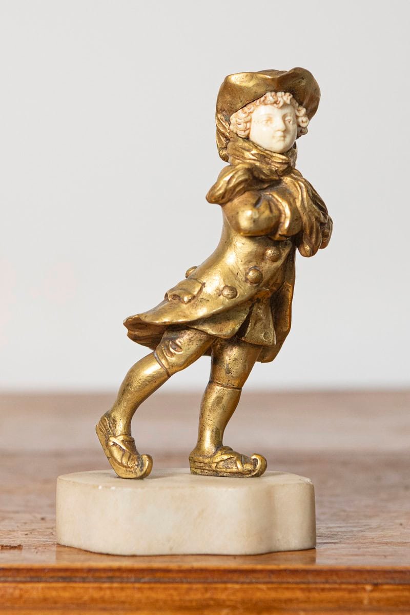 French Early 20th Century Gilt Bronze and Ivory Chryselephantine Sculpture of a Child on Marble Base - JAA