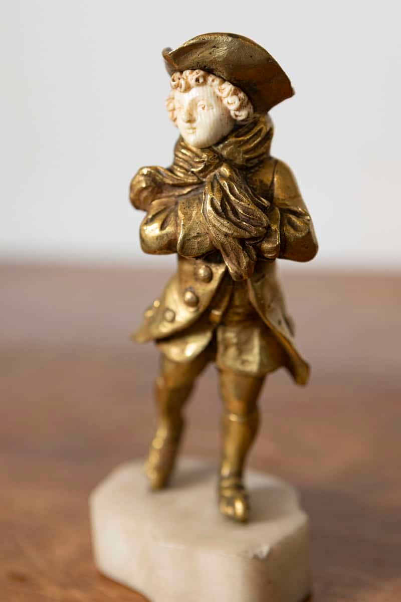 French Early 20th Century Gilt Bronze and Ivory Chryselephantine Sculpture of a Child on Marble Base - JAA