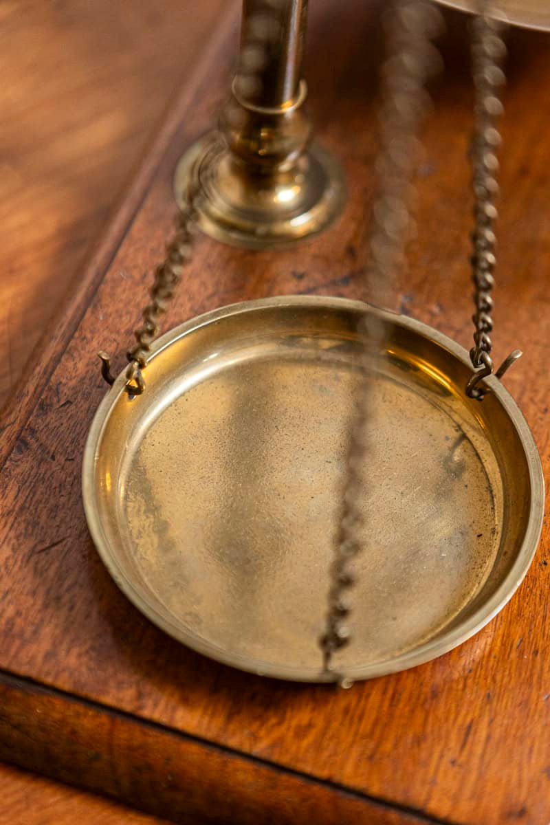 French 19th Century Freestanding Brass Tea Scale Mounted on Wooden Base - JAA