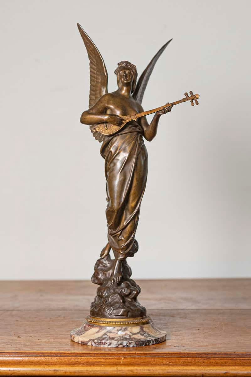 French 19th Century Bronze Statuette of a Winged Muse Playing a Lute on Marble Base - JAA