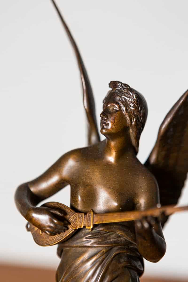 French 19th Century Bronze Statuette of a Winged Muse Playing a Lute on Marble Base - JAA