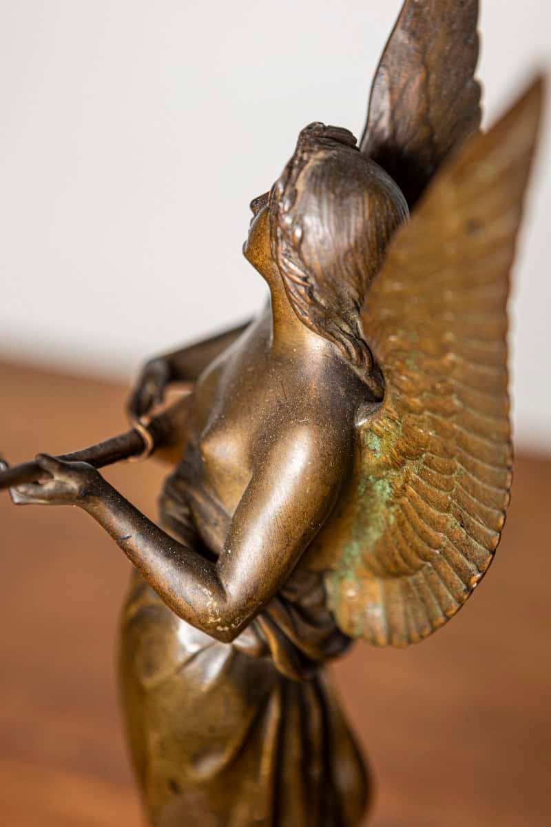French 19th Century Bronze Statuette of a Winged Muse Playing a Lute on Marble Base - JAA