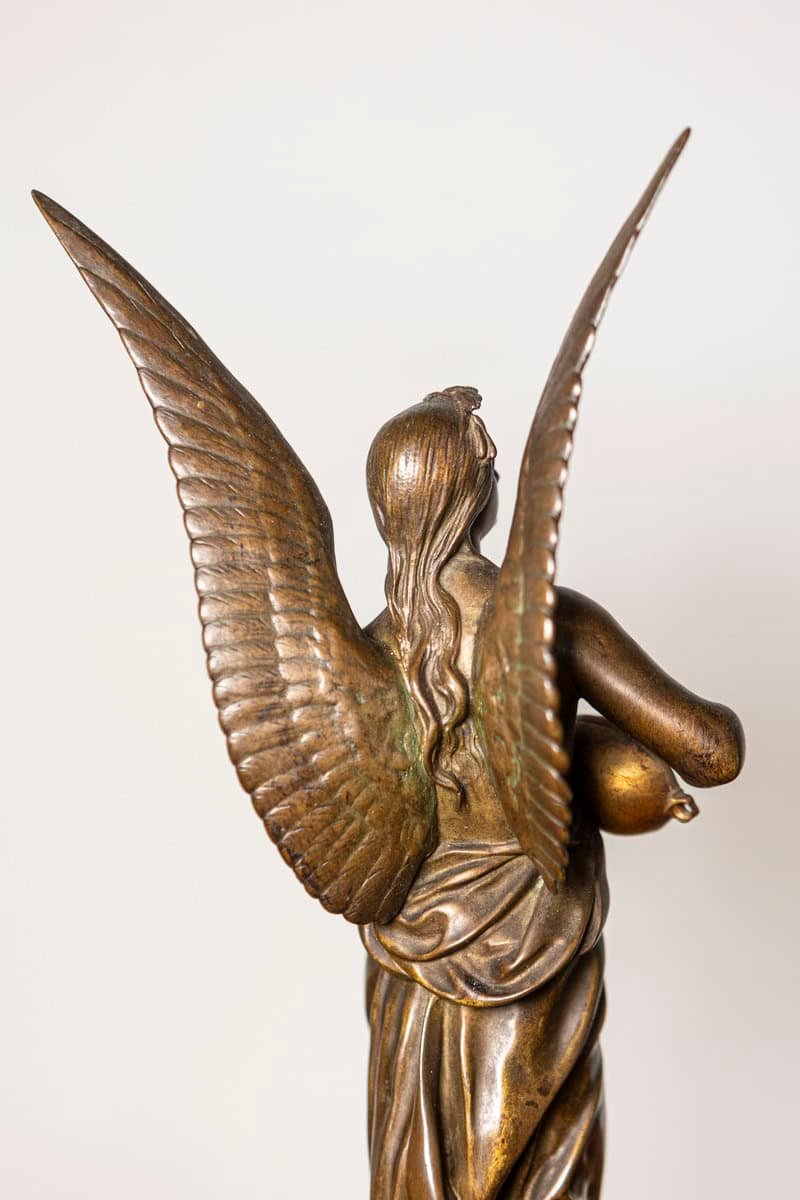 French 19th Century Bronze Statuette of a Winged Muse Playing a Lute on Marble Base - JAA