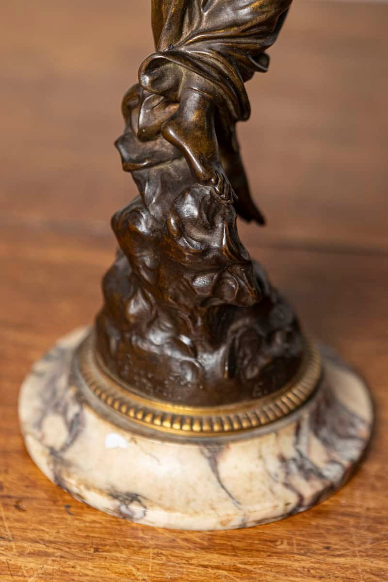 French 19th Century Bronze Statuette of a Winged Muse Playing a Lute on Marble Base - JAA
