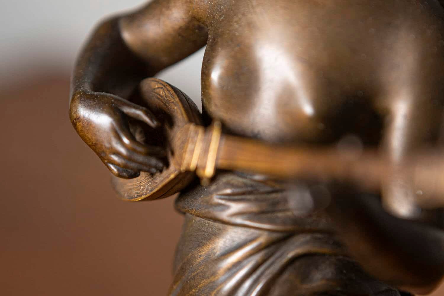 French 19th Century Bronze Statuette of a Winged Muse Playing a Lute on Marble Base - JAA