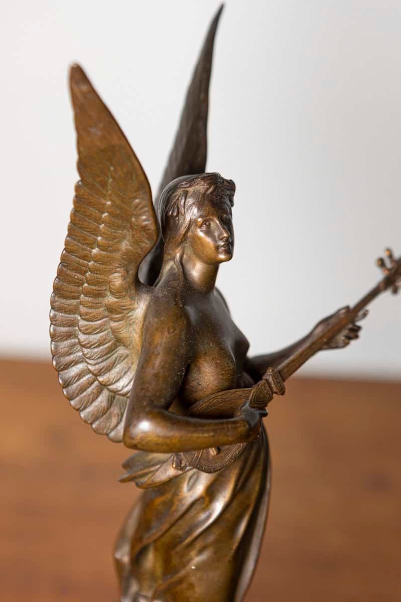 French 19th Century Bronze Statuette of a Winged Muse Playing a Lute on Marble Base - JAA