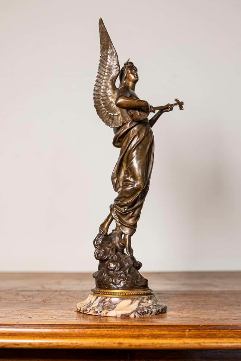 French 19th Century Bronze Statuette of a Winged Muse Playing a Lute on Marble Base - JAA