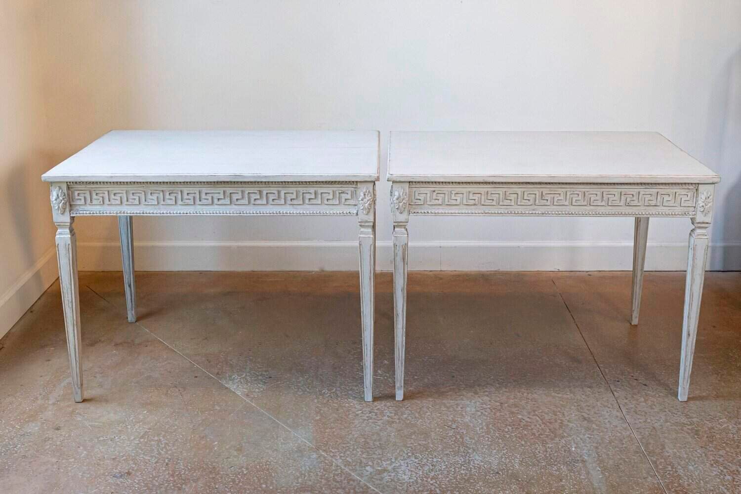 Pair of Swedish Neoclassical Style 1880s Painted Tables with Greek Key Friezes - JAA