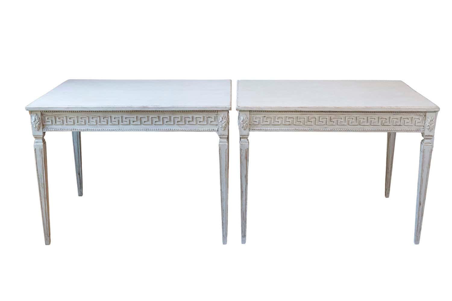 Pair of Swedish Neoclassical Style 1880s Painted Tables with Greek Key Friezes