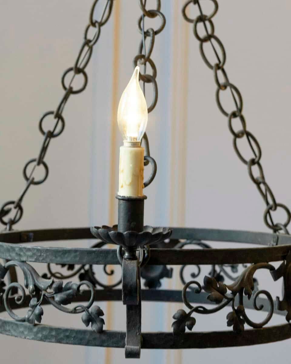 20th-Century French Wrought Iron Chandelier with Foliate Crown - JAA